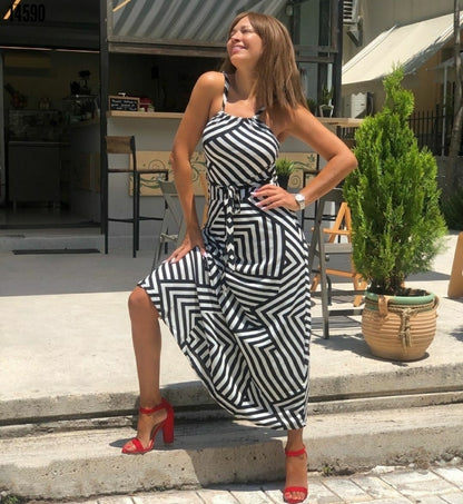 Kadın Ayarlanabilir Askılı Geometrik Desen Kuşaklı Gipeli Süprem Elbise