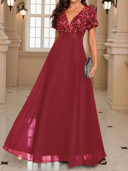 Kadın Kısa Kollu Derin V Yakalı A Kesim Pulpayet Detaylı şifon Nedime Elbisesi