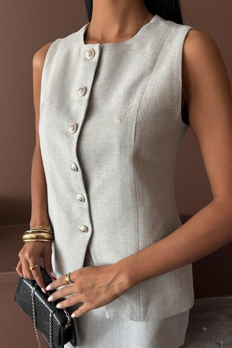 Uzun Yelek Mini Etek Flamlı Keten Takım 10148