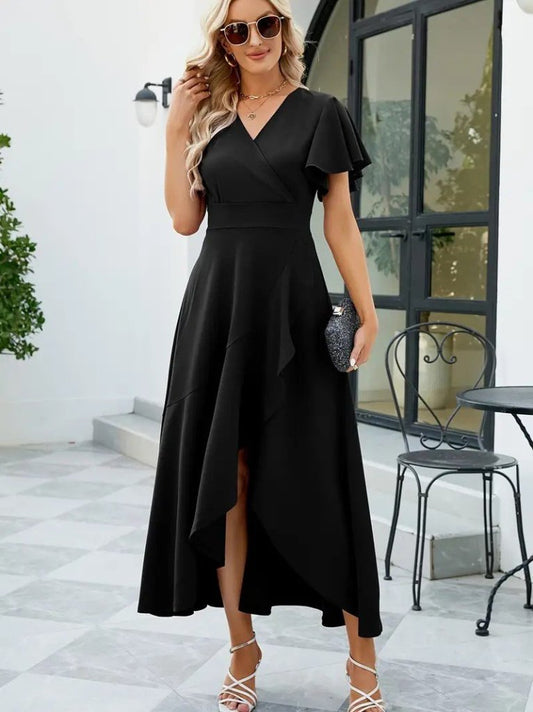 Kadın Kısa Kollu Kruvaze Yakalı önden Volanlı çapraz Kesim Detaylı Maksi Boy Ithal Krep Elbise