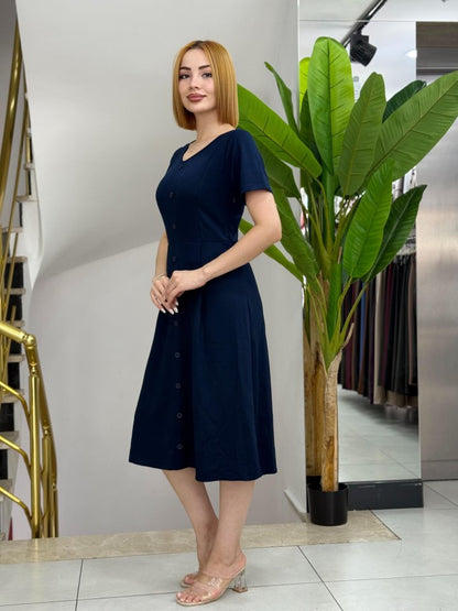 Kadın Kısa Kollu V Yakalı önden Düğmeli A Kesim Dokuma Elbise