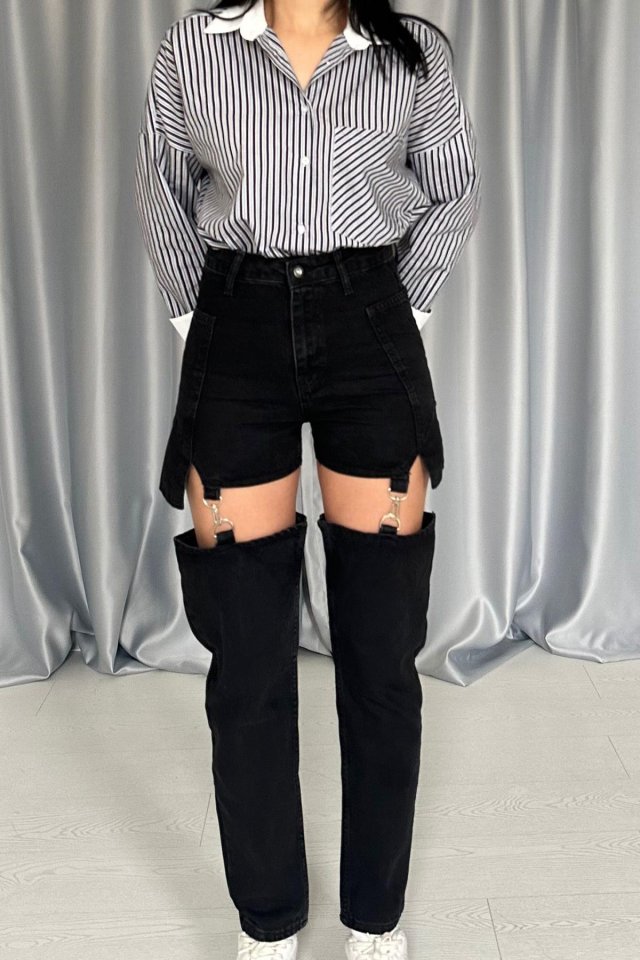 Siyah Askılı İki Parça Jeans Pantolon