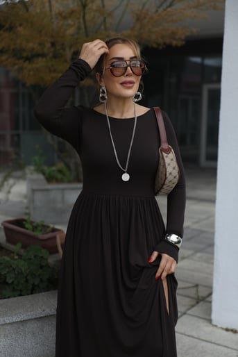 Kadın Kayık Yaka Sırt Dekoltesi Ve Yırtmaç Detay Maxi Boy Elbise