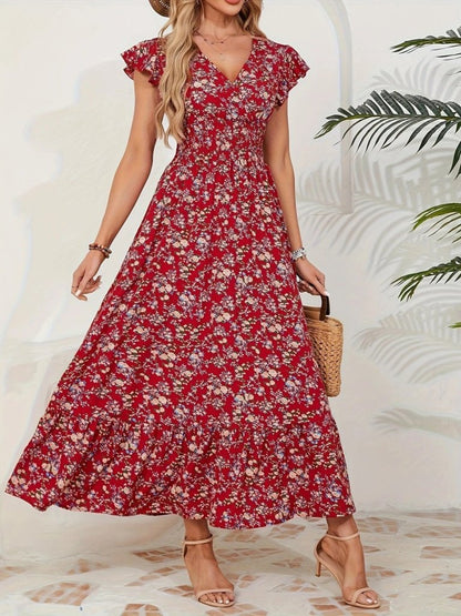 Kadın Kısa Kollu Kruvaze Yaka Beli Lastikli çiçek Desenli Elbise