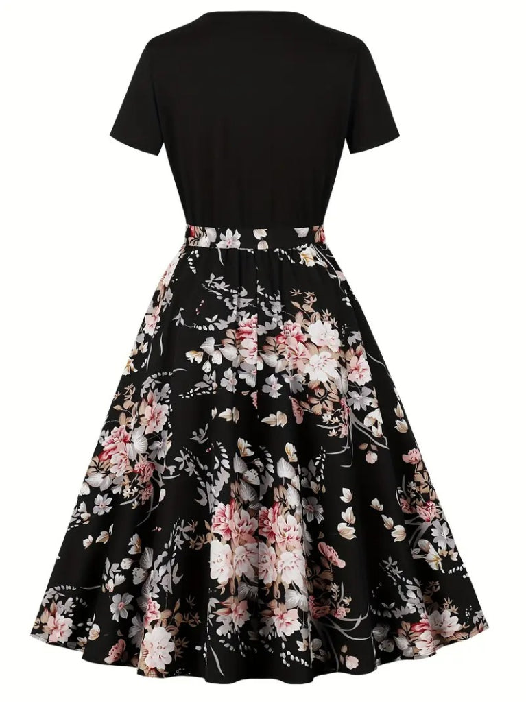 Kadın Kısa Kollu Bisiklet Yaka çiçek Desenli üst Viskon Alt Süprem Kısa Elbise