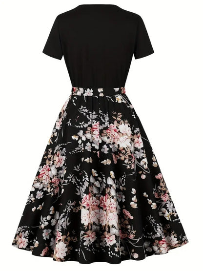 Kadın Kısa Kollu Bisiklet Yaka çiçek Desenli üst Viskon Alt Süprem Kısa Elbise