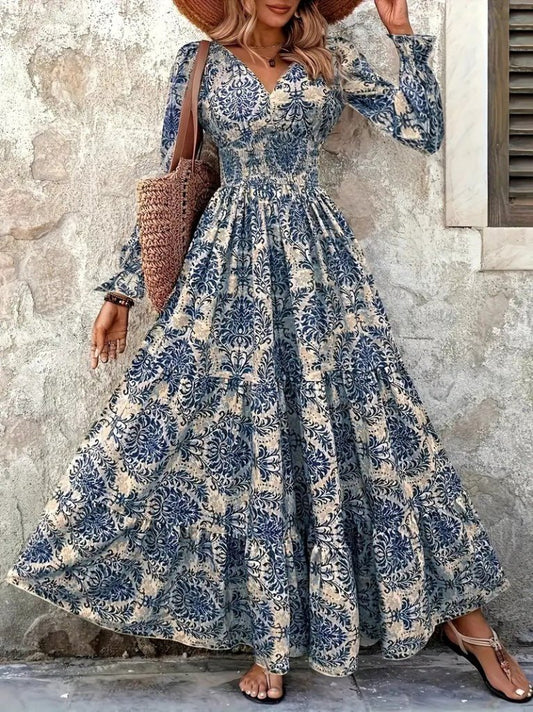 Kadın Uzun Kollu V Yakalı Desenli Süprem Elbise