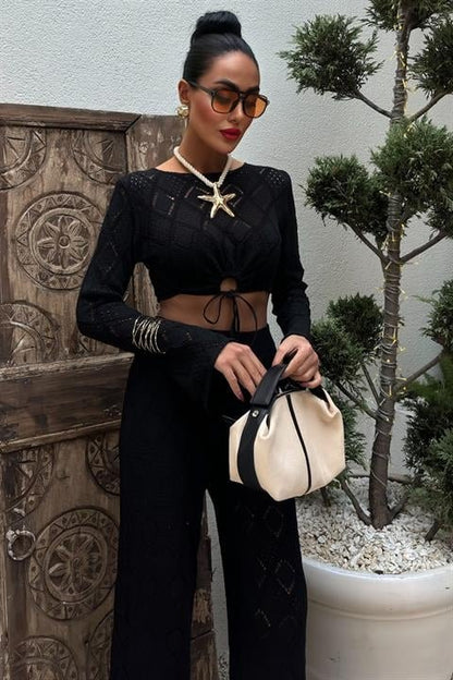 Göğüs Bağcık Detaylı Ajurlu Bluz Pantolon Takım 10098