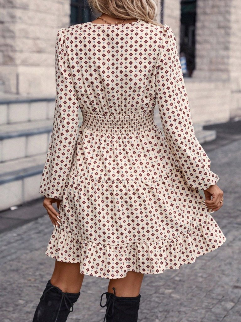 Kadın Uzun Kollu Kruvaze Yaka Desenli Mini Modal Elbise