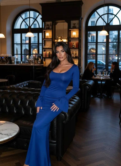 Kadın Uzun Kollu Kare Yaka Volanlı Manşet Detay Maxi Boy Elbise