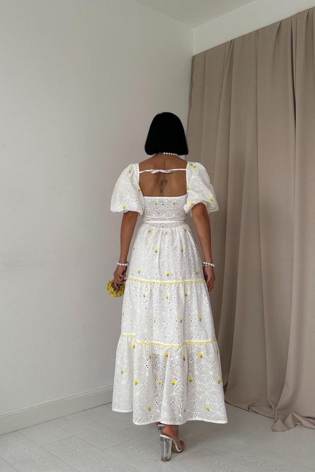 Sarı Dantel Detaylı Brode Elbise