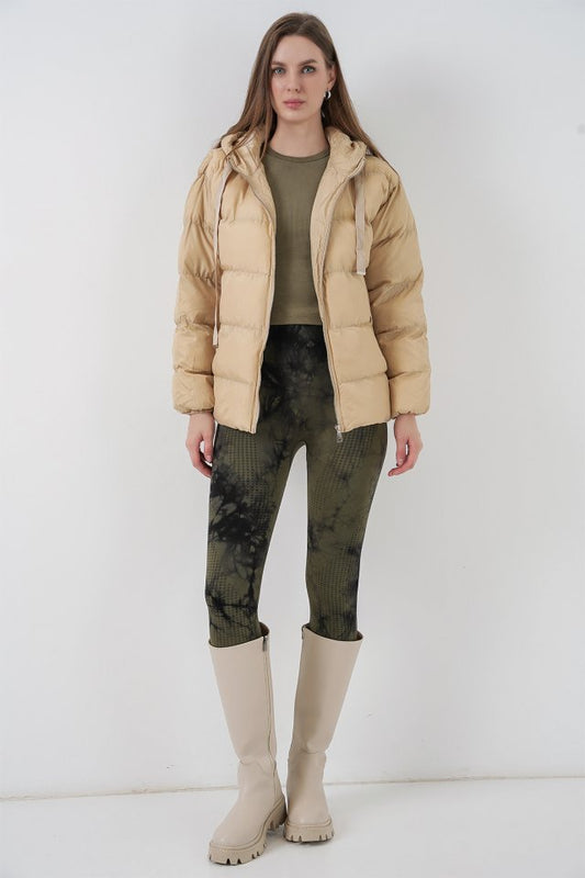 5117 Kapşonlu Şişme Mont - Vizon