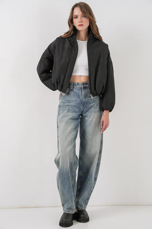 Siyah Oversize Bomber Şişme Mont 5124