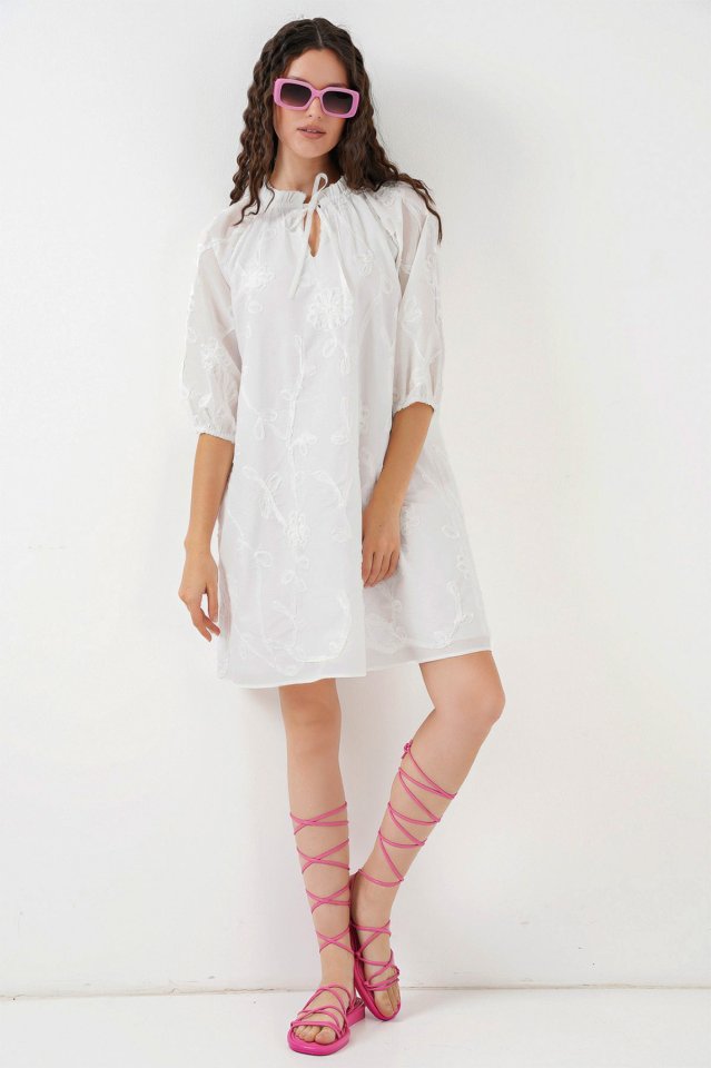 Desenli Kısa Elbise 2528 - Beyaz