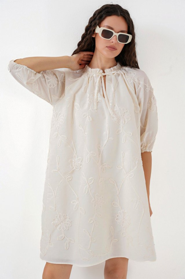 Desenli Kısa Elbise 2528 - Krem