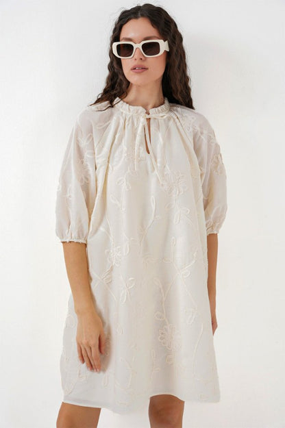 Desenli Kısa Elbise 2528 - Krem