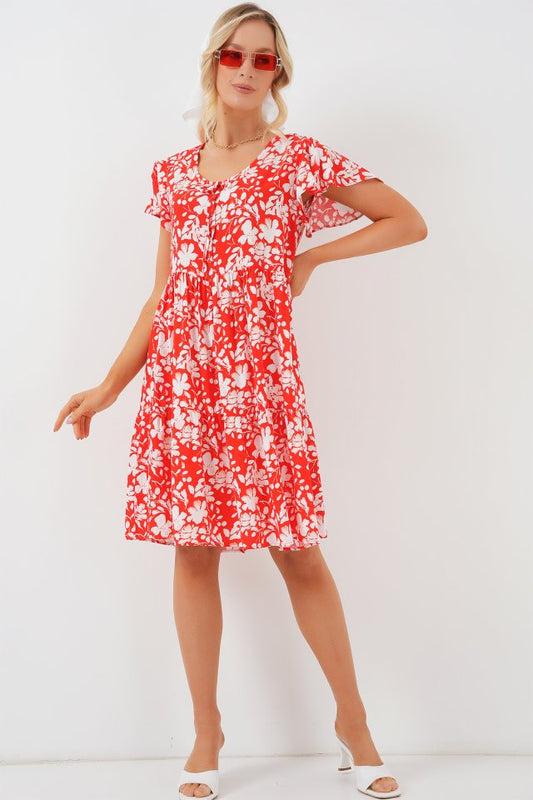 2352 V Yaka Kısa Elbise - Kırmızı
