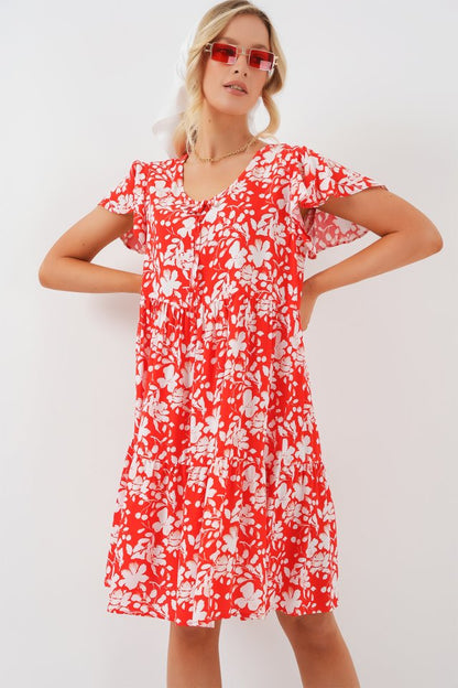 2352 V Yaka Kısa Elbise - Kırmızı
