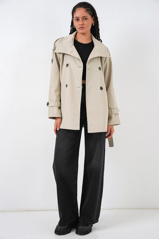 Kruvaze Yaka Kısa Trençkot 5980 - Bej