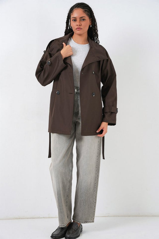 Kruvaze Yaka Kısa Trençkot 5980 - Kahverengi