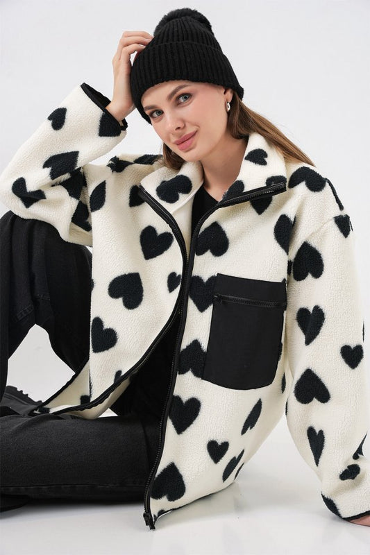 55446 Fermuarlı Oversize Peluş Ceket Mont - A.Beyaz
