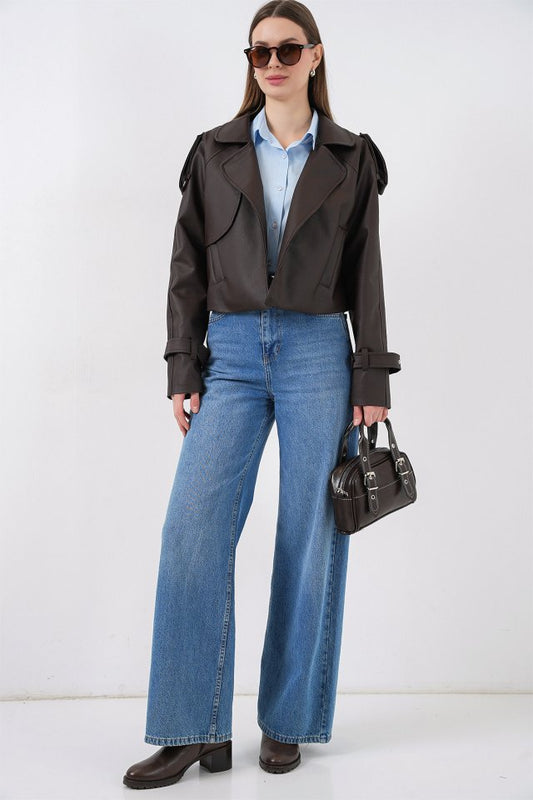 Oversize Deri Mont Ceket 1047 - Kahverengi