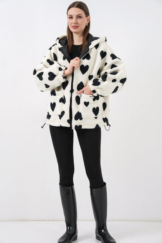 Kapüşonlu Peluş Ceket 5236 - Ekru