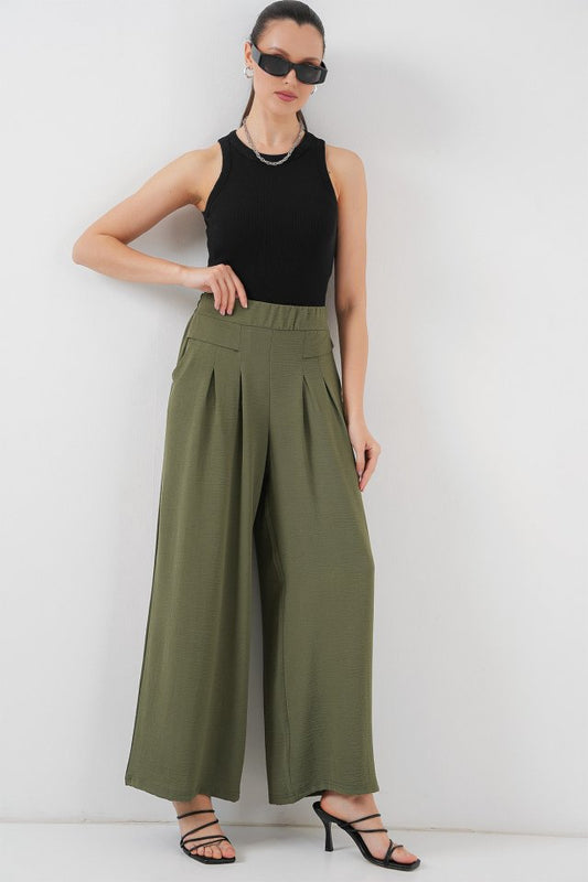 Geniş Paça Pileli Pantolon 6718 - Haki