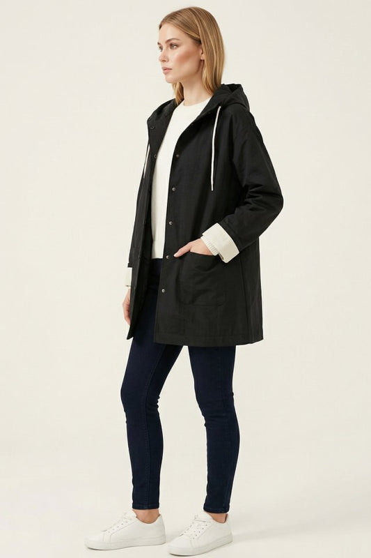 Teknik Kumaş Kapüşonlu Trençkot 5972 - Siyah