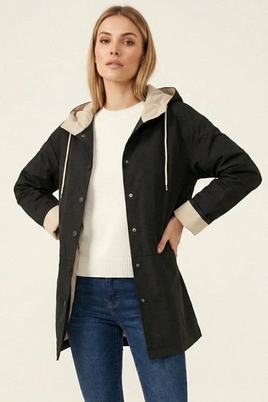 Teknik Kumaş Kapüşonlu Trençkot 5972 - Siyah