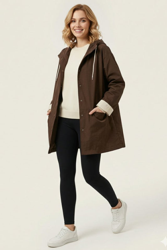 Teknik Kumaş Kapüşonlu Trençkot 5972 - Kahverengi