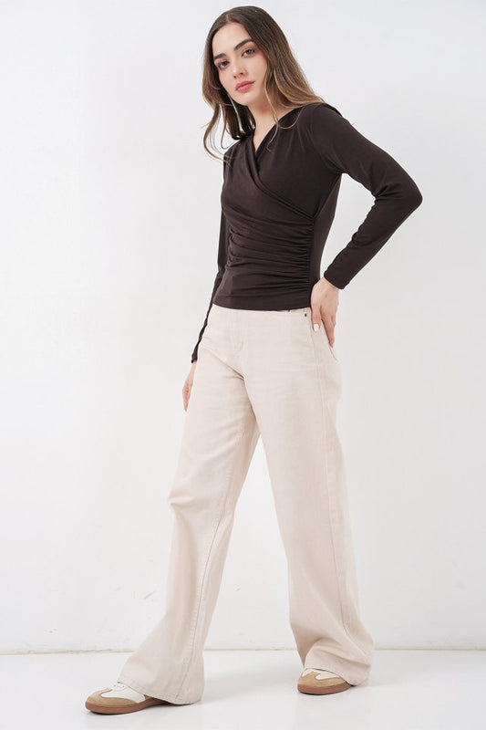 939 Anvelop Yaka Sandy Bluz - Kahverengi