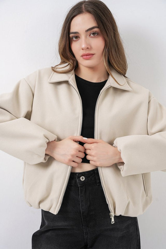 Büzgülü Oversize Kaşe Ceket 0728 - Ekru