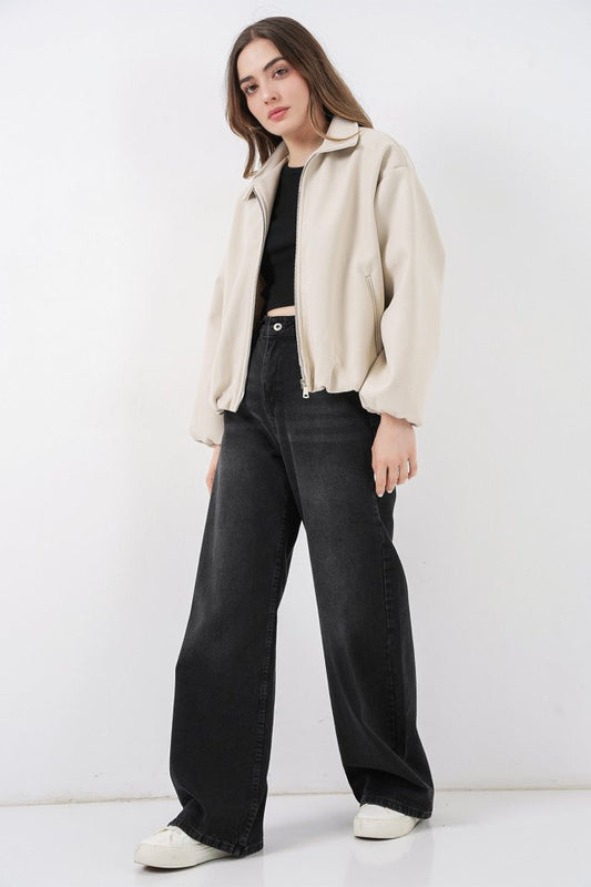 Büzgülü Oversize Kaşe Ceket 0728 - Ekru