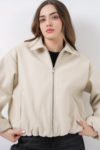 Büzgülü Oversize Kaşe Ceket 0728 - Ekru
