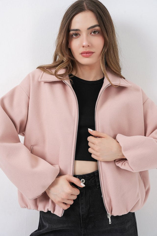 Büzgülü Oversize Kaşe Ceket 0728 - Pudra