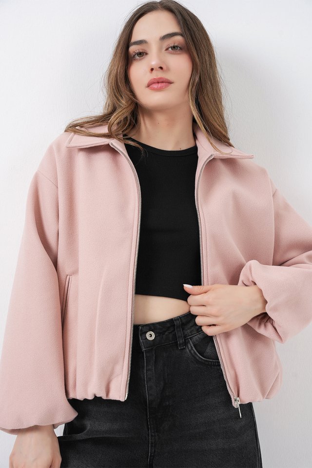 Büzgülü Oversize Kaşe Ceket 0728 - Pudra