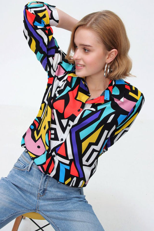 3721 Grafik Desenli Gömlek - Siyah