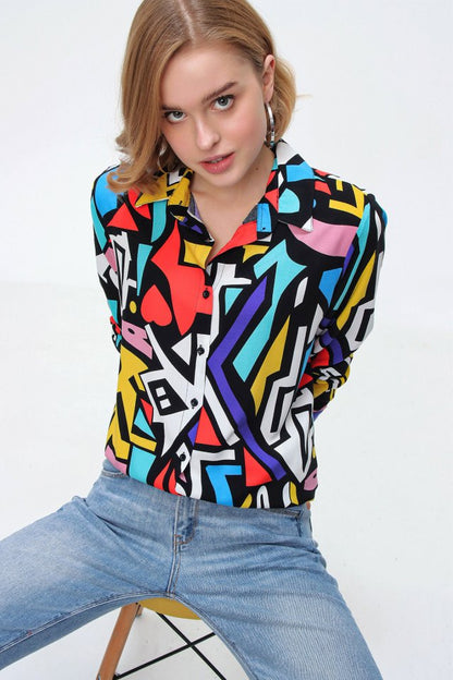 3721 Grafik Desenli Gömlek - Siyah