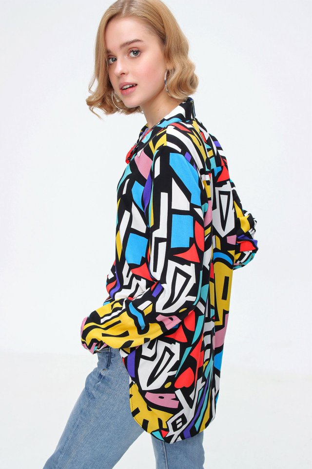 3721 Grafik Desenli Gömlek - Siyah