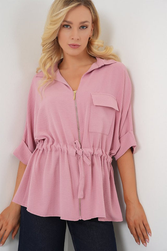 Fermuarlı Gömlek 0721 - Pudra