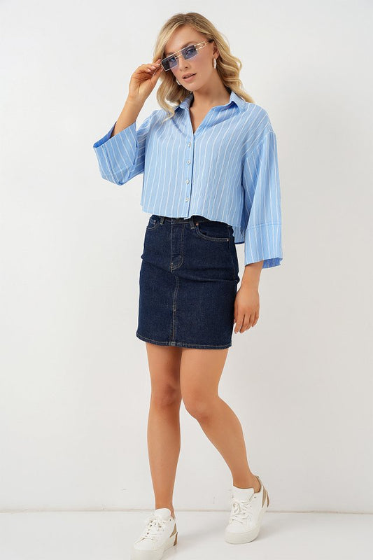 Çizgili Oversize Kısa Gömlek 20326 - Mavi