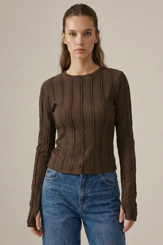 Dokulu Örme Bluz 980 - Kahverengi