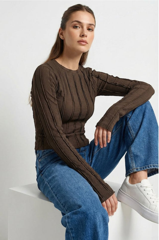 Dokulu Örme Bluz 980 - Kahverengi