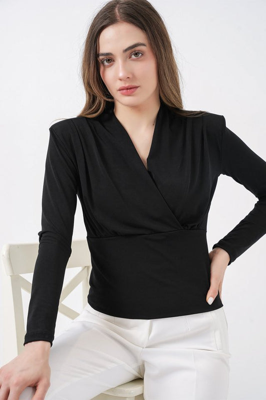 Omuz Vatkalı Kruvaze Yaka Bluz 942 - Siyah