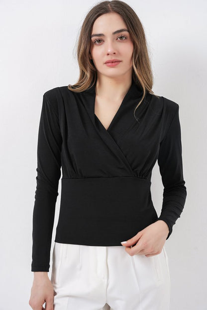 Omuz Vatkalı Kruvaze Yaka Bluz 942 - Siyah