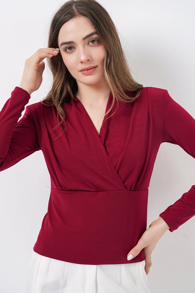 Omuz Vatkalı Kruvaze Yaka Bluz 942 - Bordo