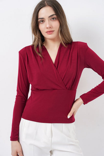 Omuz Vatkalı Kruvaze Yaka Bluz 942 - Bordo