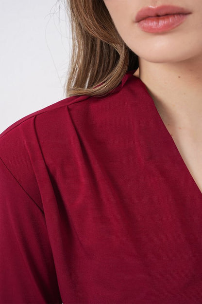 Omuz Vatkalı Kruvaze Yaka Bluz 942 - Bordo