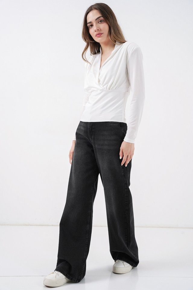 Omuz Vatkalı Kruvaze Yaka Bluz 942 - Beyaz